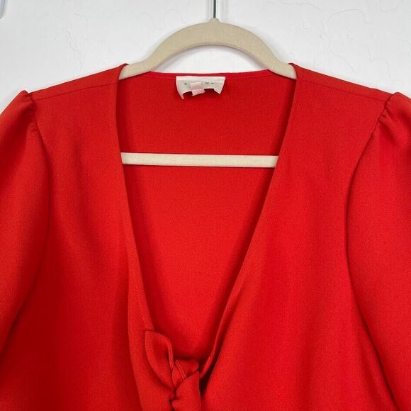 Sezane Size 40 Medium Eloine Blouse Top Red Short Sleeve Tie Button Up V Neck - Picture 3 of 11